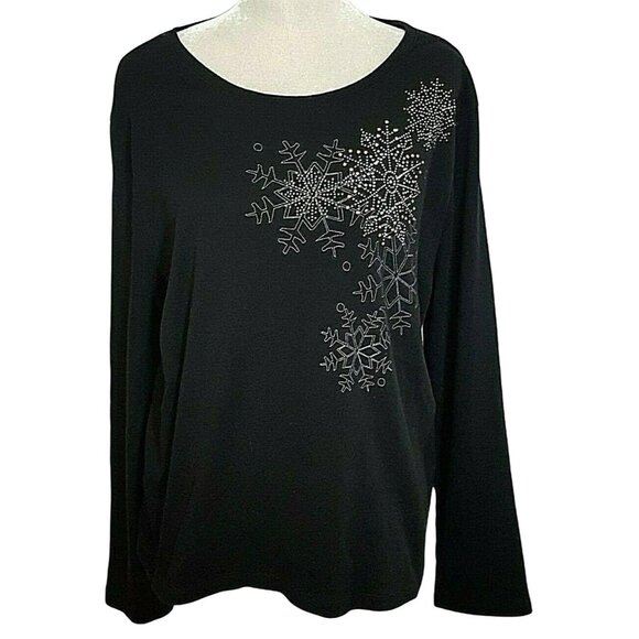 Unbranded Tops - Womans Shirt Size XXL Black Long Sleeve Top Studded Snowflakes T-Shirt